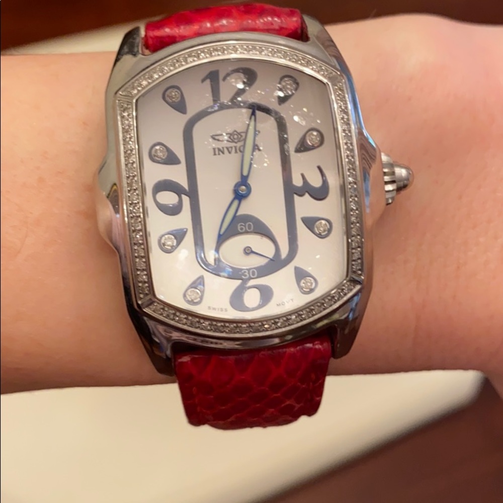 Invicta lupah diamond bezel watch with red band